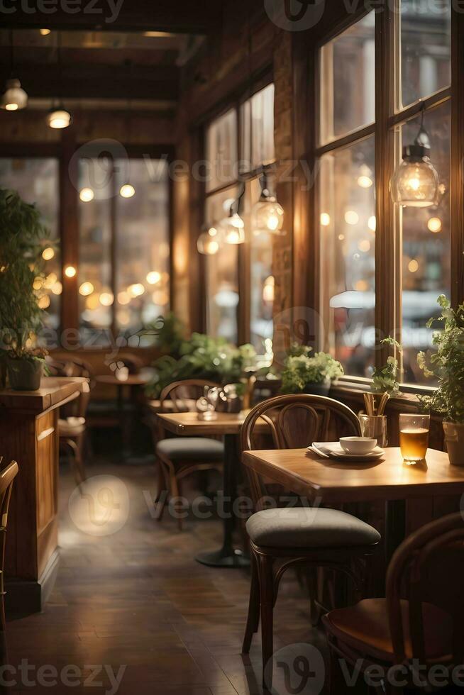 AI generated Cozy restaurant interior with warm lighting, wooden furniture by large windows Generative by AI photo