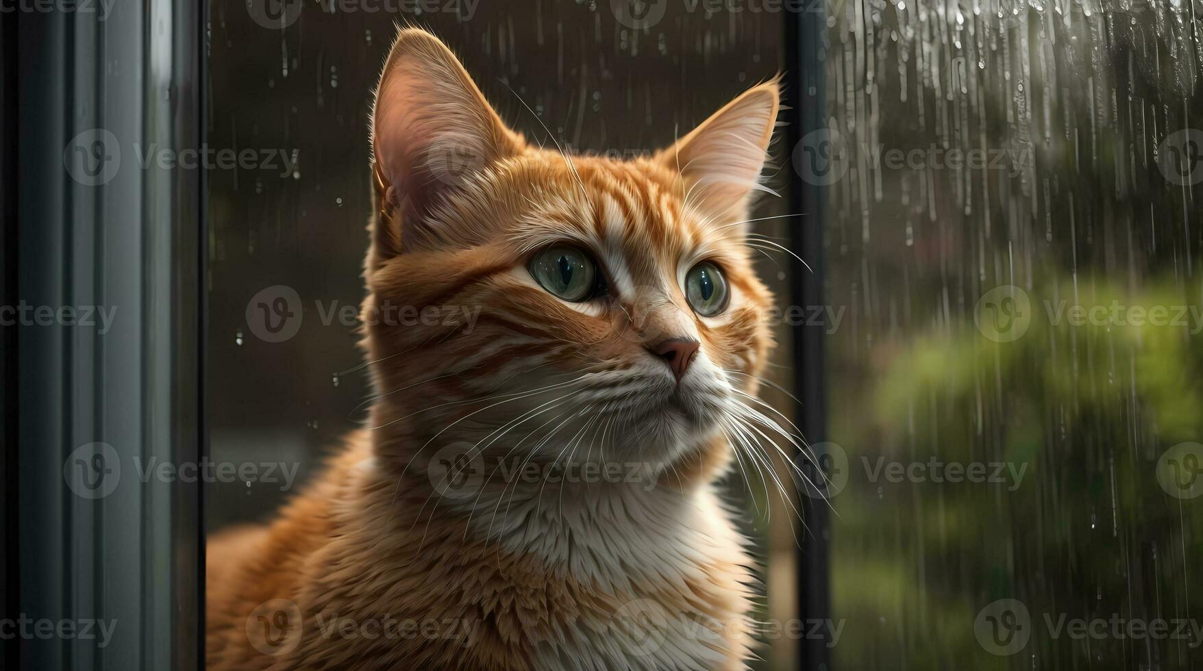 AI generated Ginger cat sitting by a window with raindrops, looking with a thoughtful expression Generative by AI photo