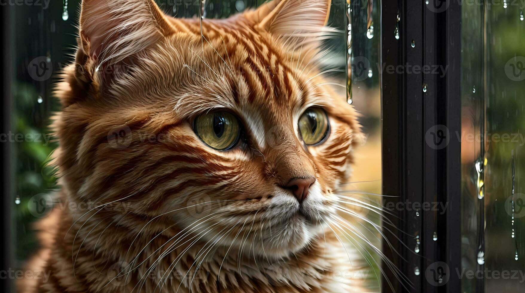 AI generated Ginger cat sitting by a window with raindrops, looking with a thoughtful expression Generative by AI photo