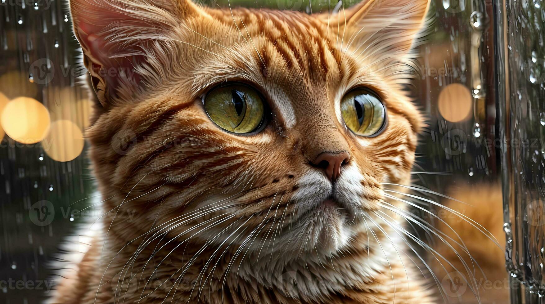 AI generated Ginger cat sitting by a window with raindrops, looking with a thoughtful expression Generative by AI photo