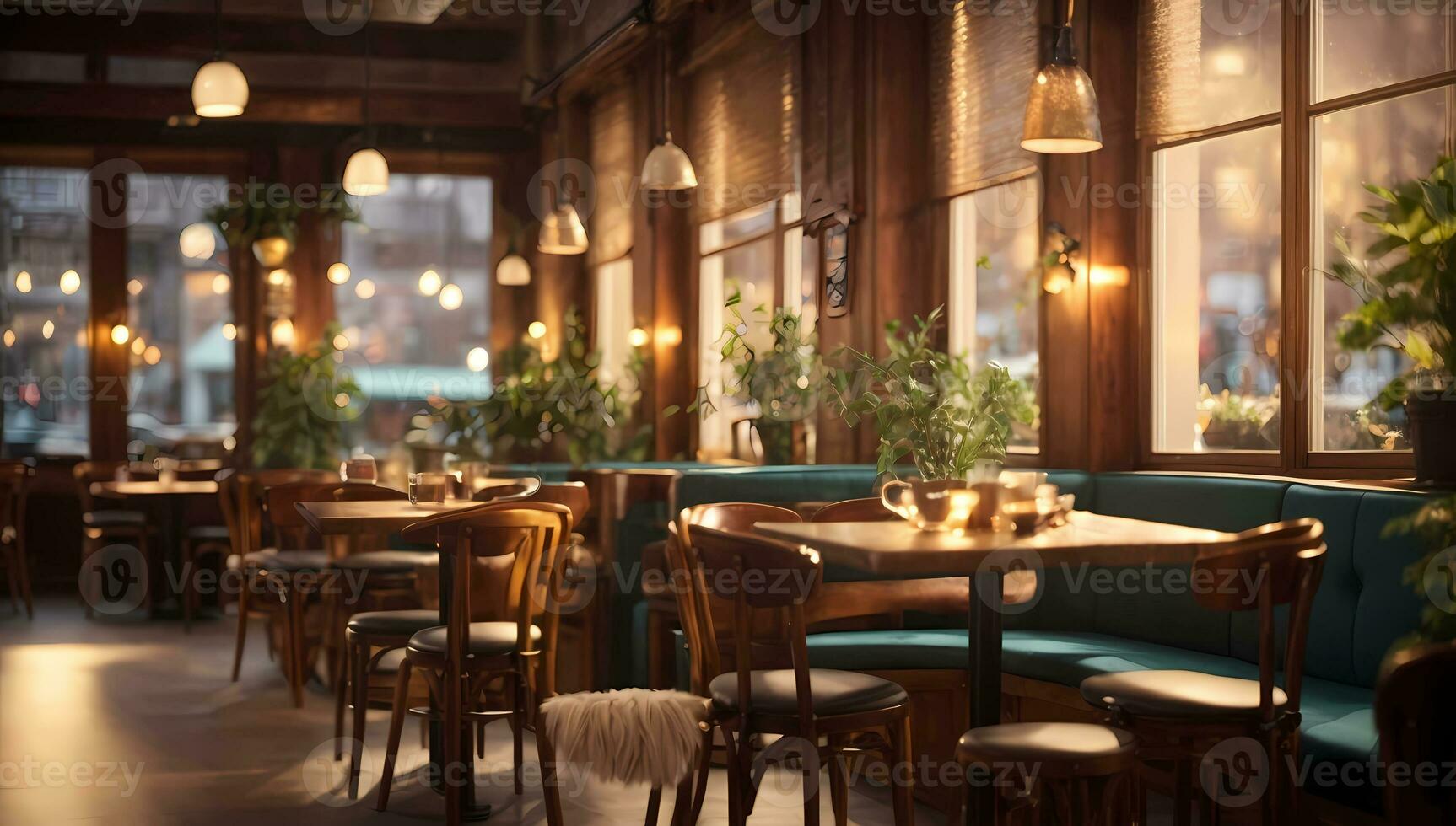 AI generated Cozy restaurant interior with warm lighting, wooden furniture by large windows Generative by AI photo