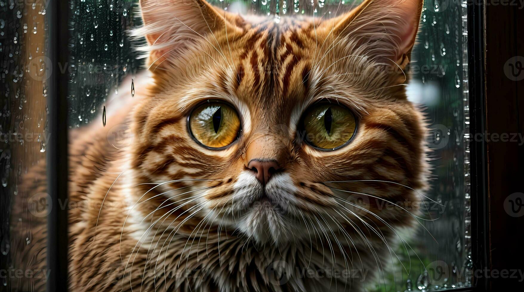 AI generated Ginger cat sitting by a window with raindrops, looking with a thoughtful expression Generative by AI photo