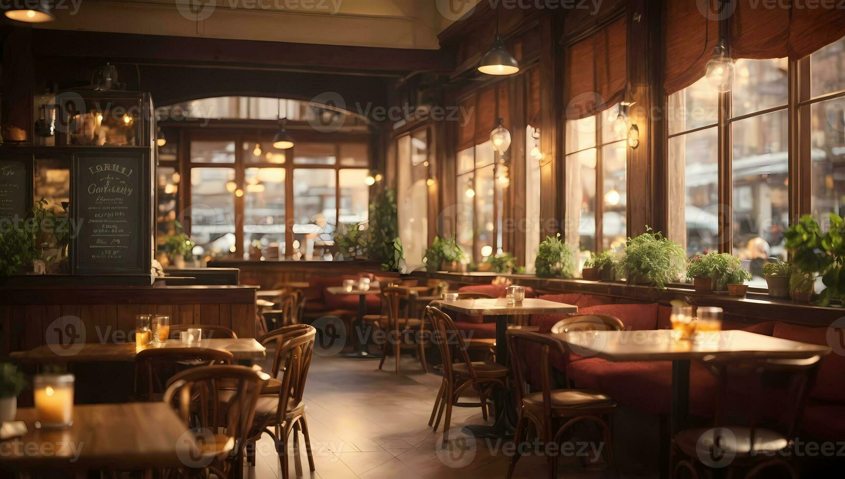 AI generated Cozy restaurant interior with warm lighting, wooden furniture by large windows Generative by AI photo