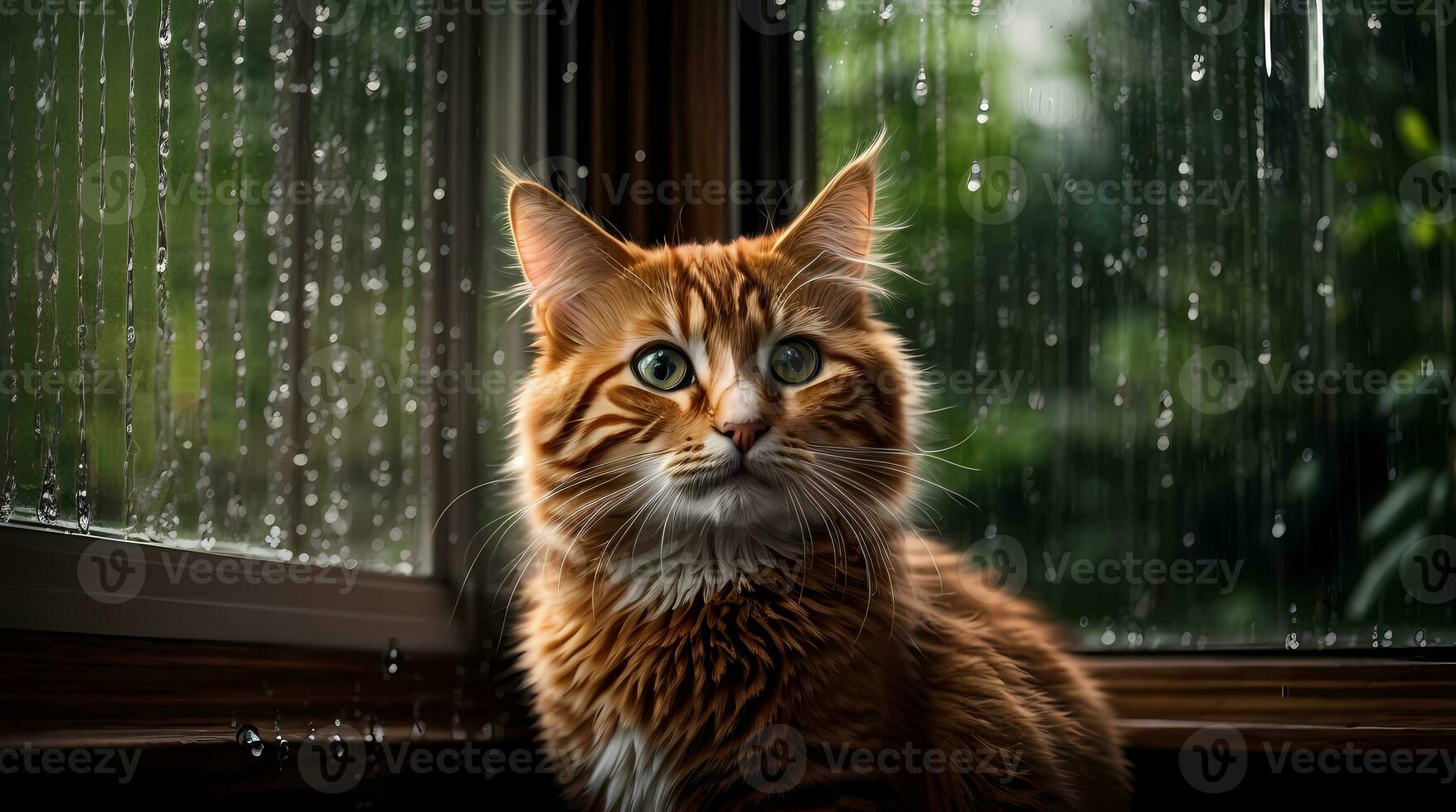 AI generated Ginger cat sitting by a window with raindrops, looking with a thoughtful expression Generative by AI photo