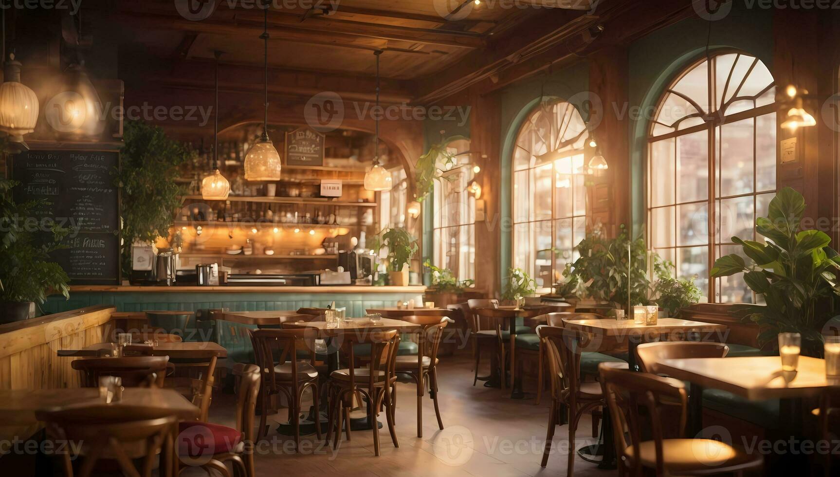 AI generated Cozy restaurant interior with warm lighting, wooden furniture by large windows Generative by AI photo