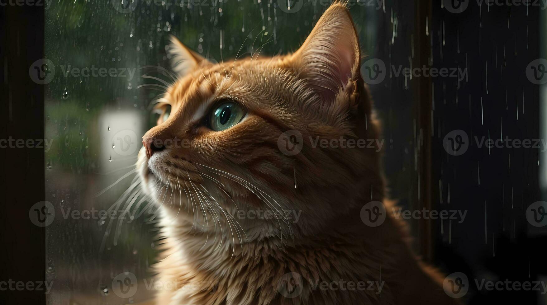 AI generated Ginger cat sitting by a window with raindrops, looking with a thoughtful expression Generative by AI photo