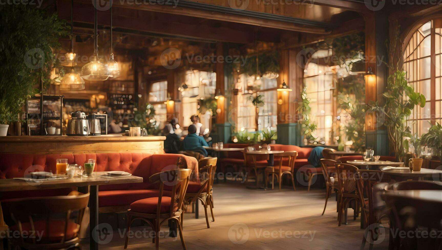 AI generated Cozy restaurant interior with warm lighting, wooden furniture by large windows Generative by AI photo