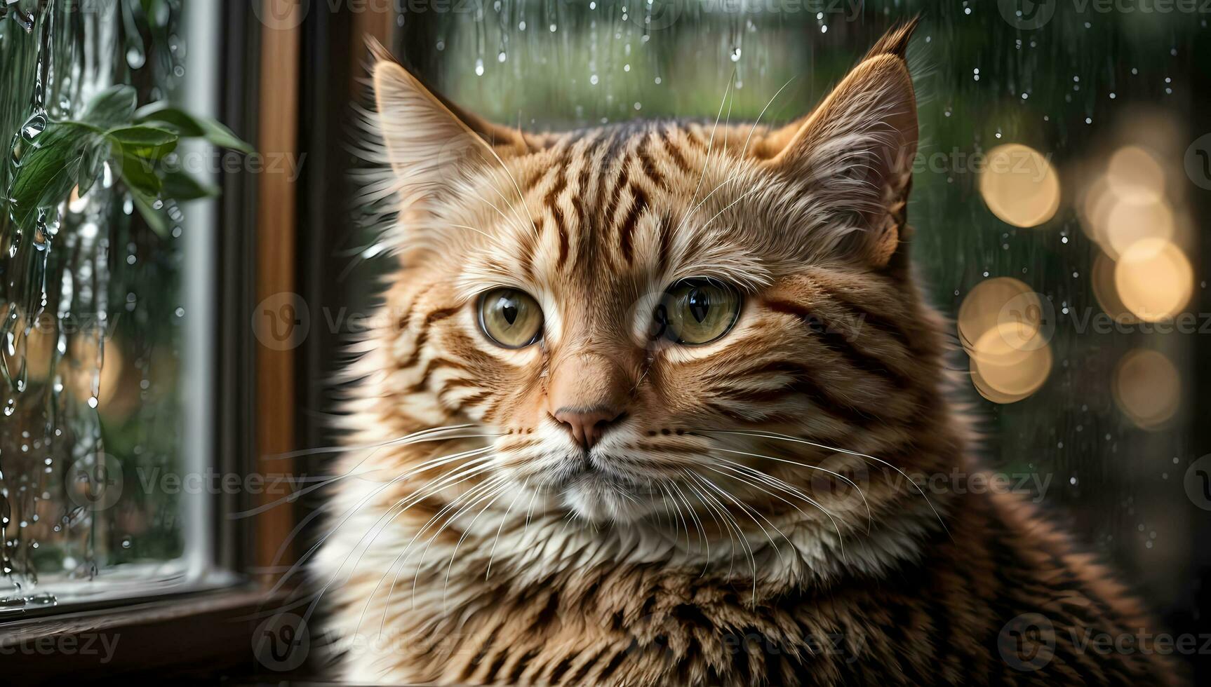 AI generated Ginger cat sitting by a window with raindrops, looking with a thoughtful expression Generative by AI photo