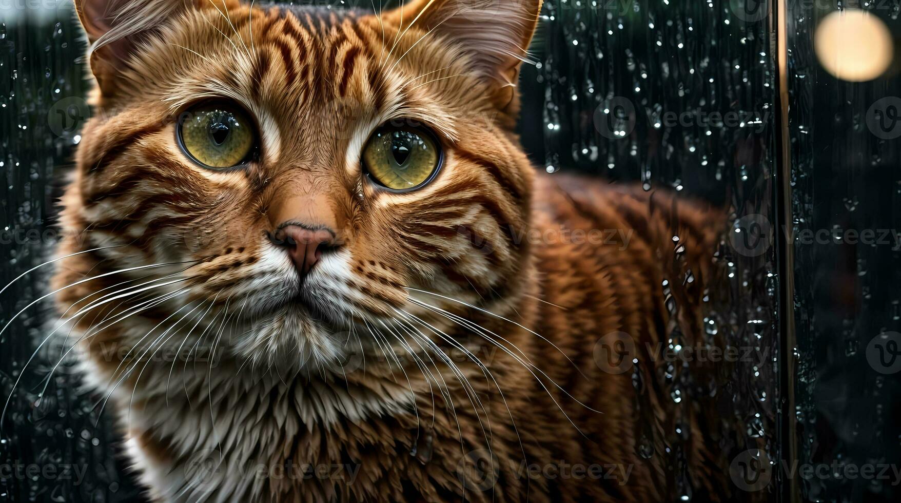 AI generated Ginger cat sitting by a window with raindrops, looking with a thoughtful expression Generative by AI photo