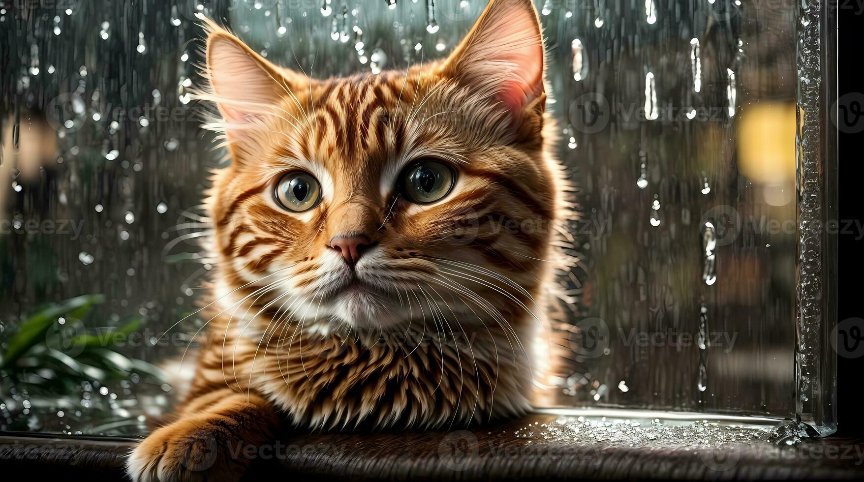 AI generated Ginger cat sitting by a window with raindrops, looking with a thoughtful expression Generative by AI photo