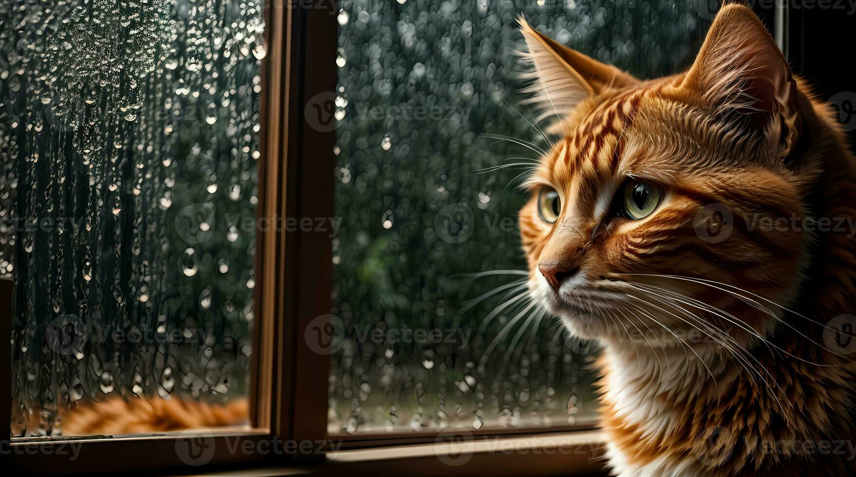 AI generated Ginger cat sitting by a window with raindrops, looking with a thoughtful expression Generative by AI photo