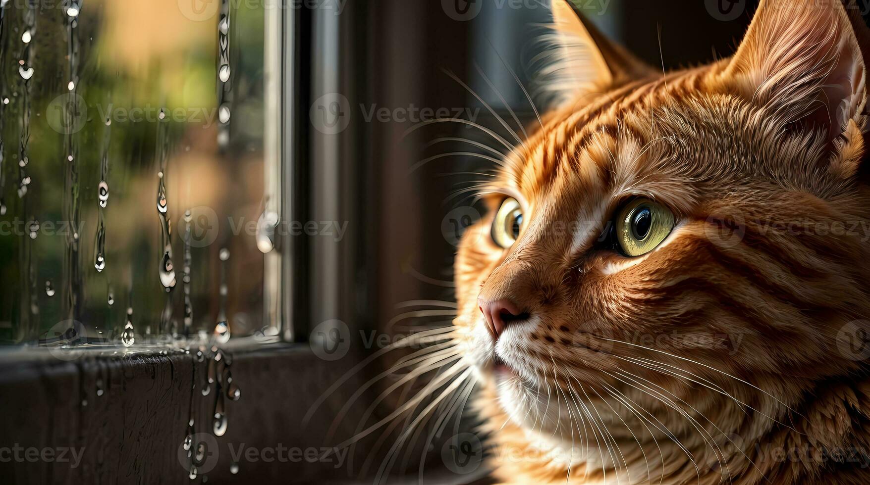 ai generado jengibre gato sentado por un ventana con gotas de lluvia, mirando con un pensativo expresión generativo por ai foto