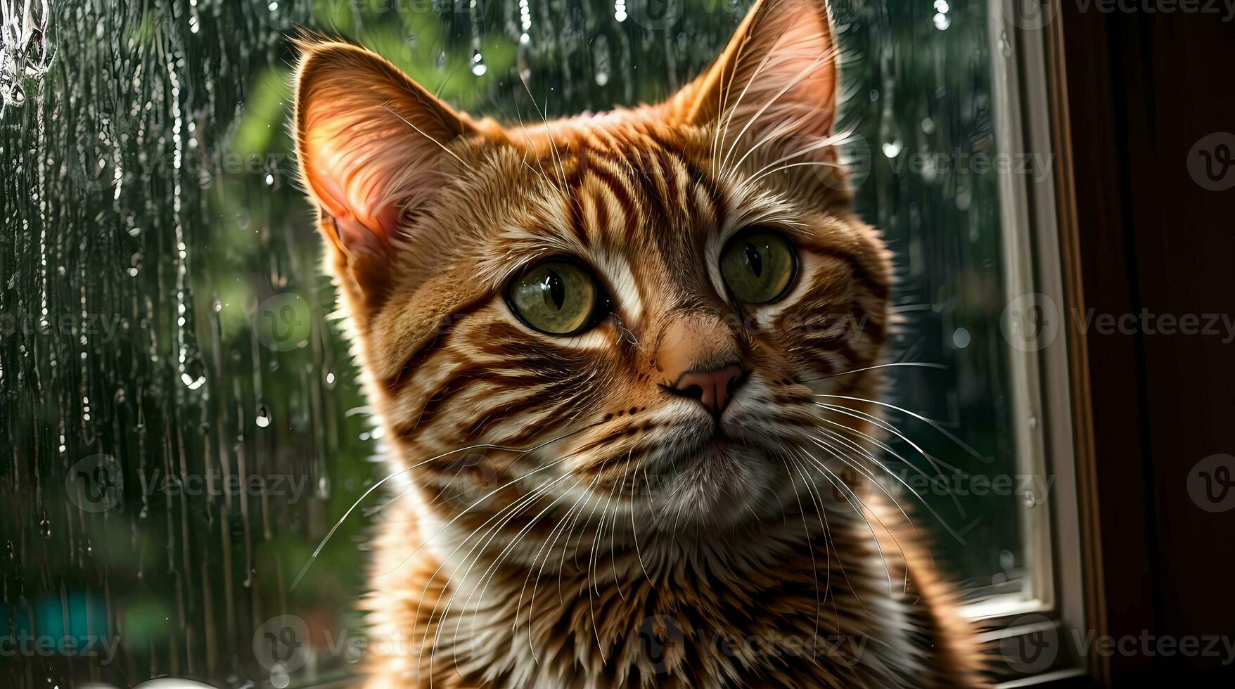 AI generated Ginger cat sitting by a window with raindrops, looking with a thoughtful expression Generative by AI photo