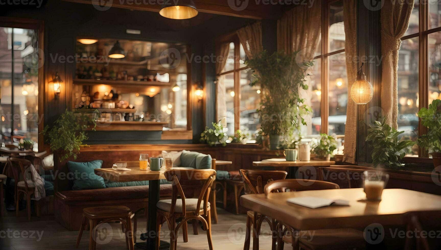 AI generated Cozy restaurant interior with warm lighting, wooden furniture by large windows Generative by AI photo