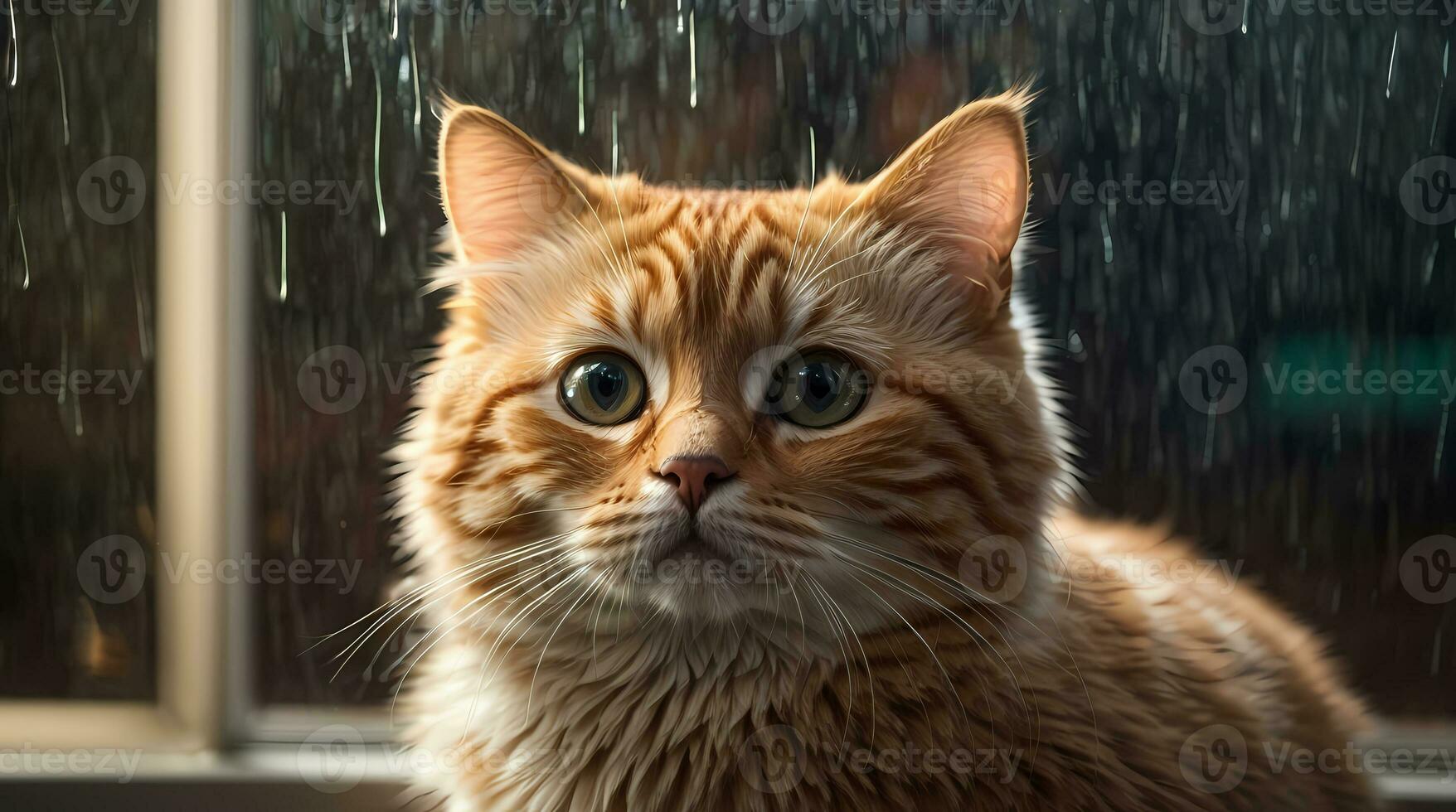 AI generated Ginger cat sitting by a window with raindrops, looking with a thoughtful expression Generative by AI photo