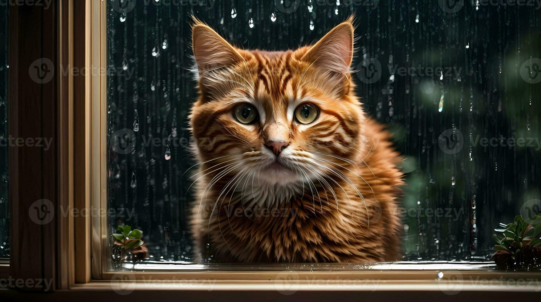 AI generated Ginger cat sitting by a window with raindrops, looking with a thoughtful expression Generative by AI photo