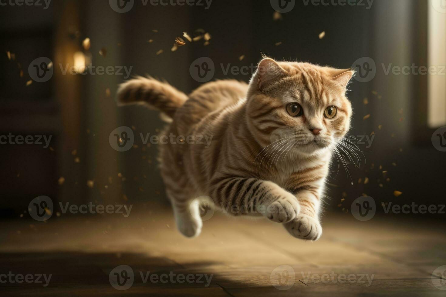 AI generated Tabby cat leaping gracefully with floating fur in warm, sunlit room Generative by AI photo