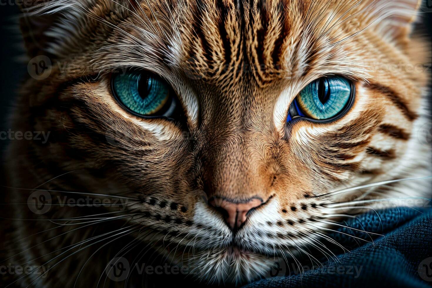 AI generated Close-up of a brown tabby cat with striking blue eyes lying down Generative by AI photo