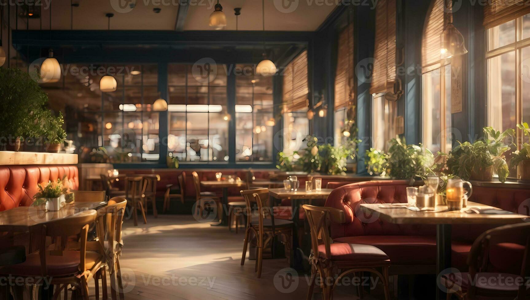 AI generated Cozy restaurant interior with warm lighting, wooden furniture by large windows Generative by AI photo