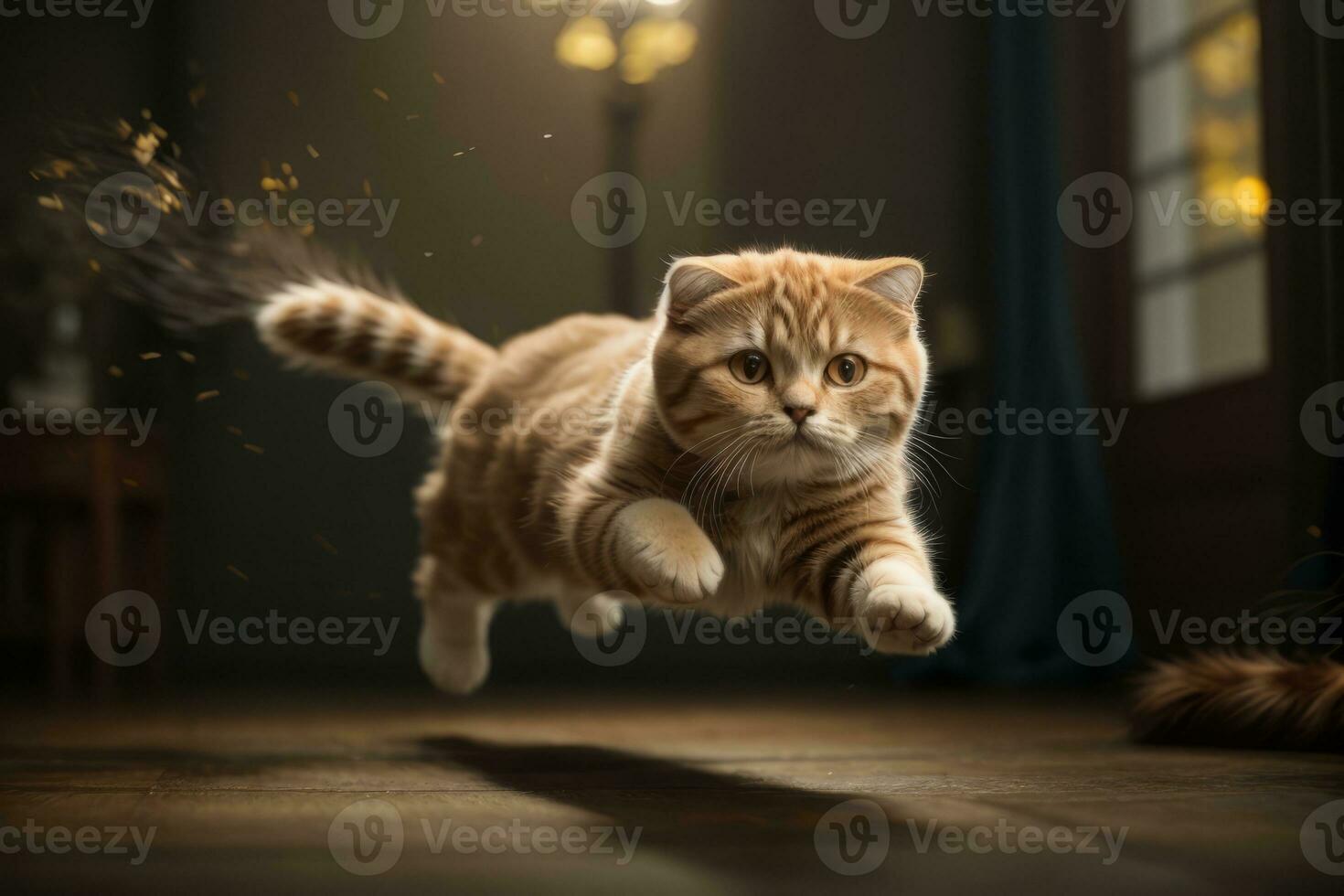 AI generated Tabby cat leaping gracefully with floating fur in warm, sunlit room Generative by AI photo