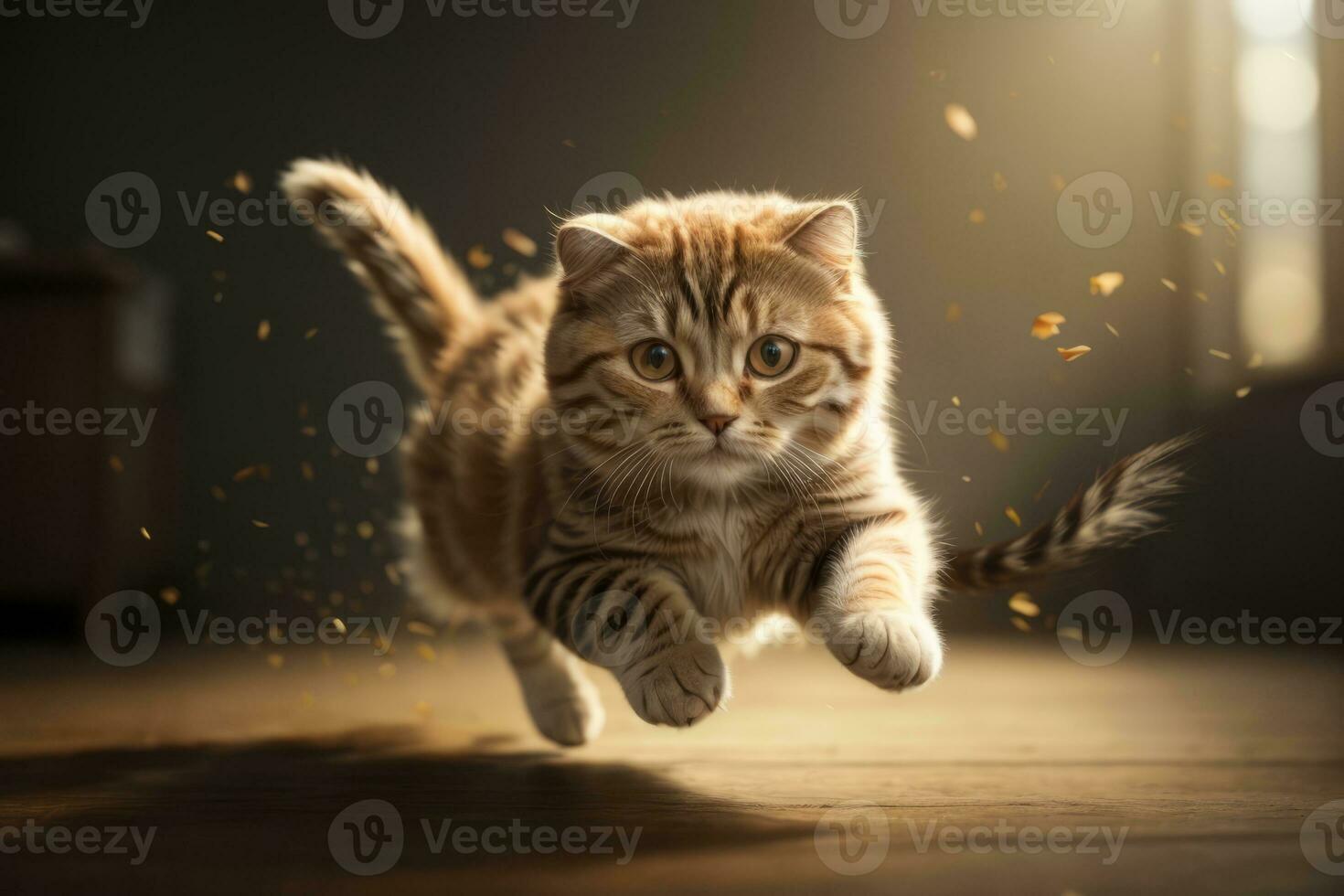 AI generated Tabby cat leaping gracefully with floating fur in warm, sunlit room Generative by AI photo