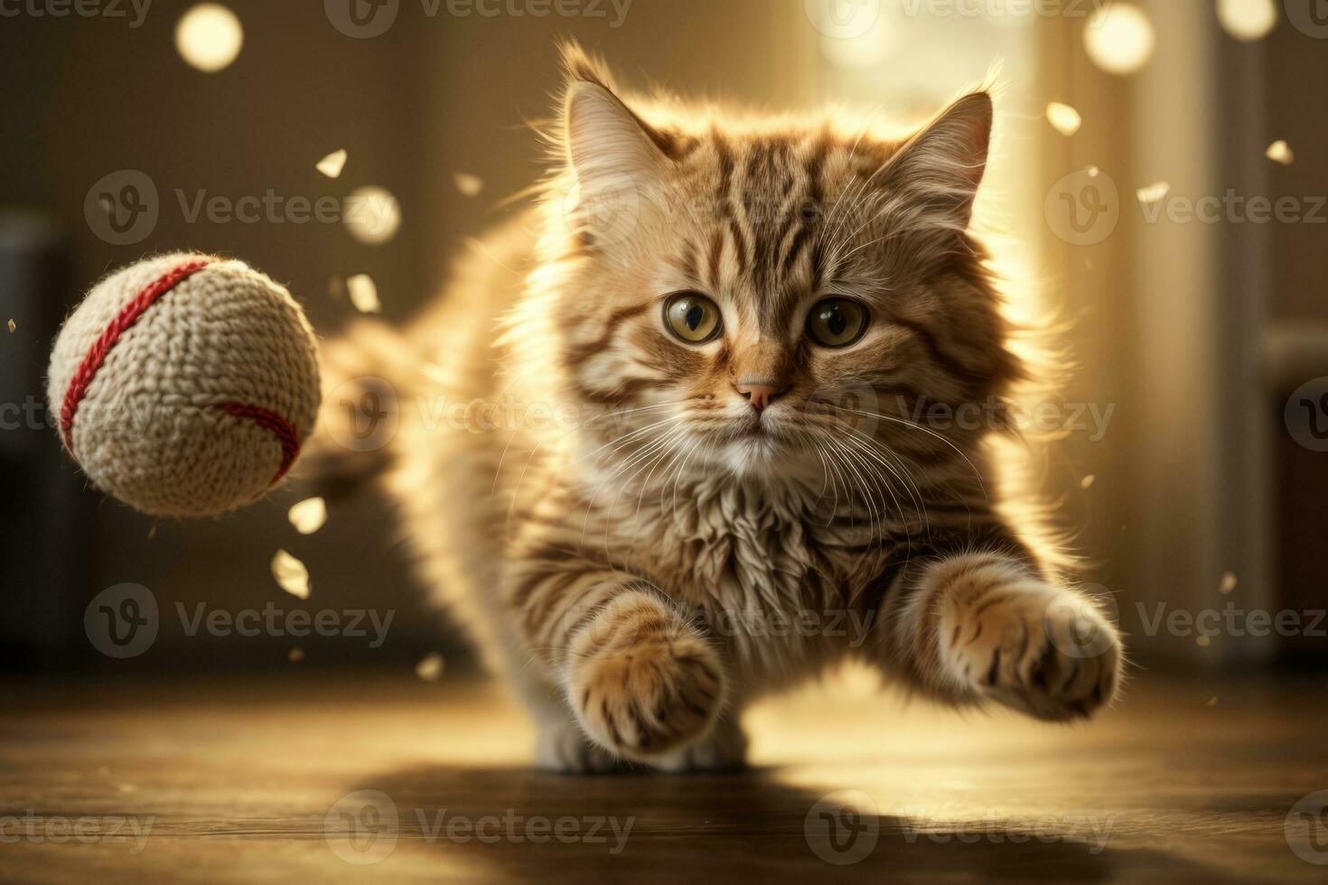 AI generated Tabby cat leaping gracefully with floating fur in warm, sunlit room Generative by AI photo