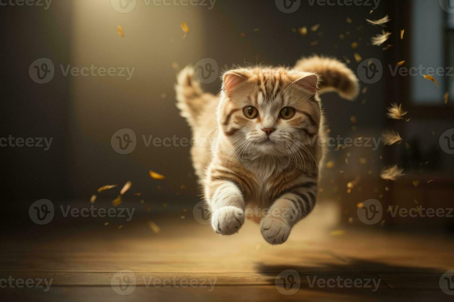 AI generated Tabby cat leaping gracefully with floating fur in warm, sunlit room Generative by AI photo