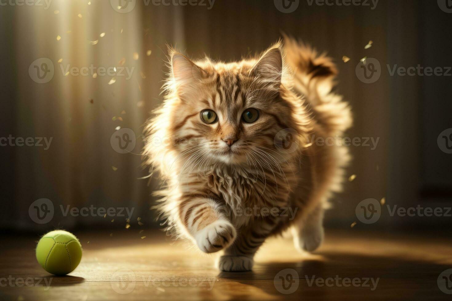 AI generated Tabby cat leaping gracefully with floating fur in warm, sunlit room Generative by AI photo