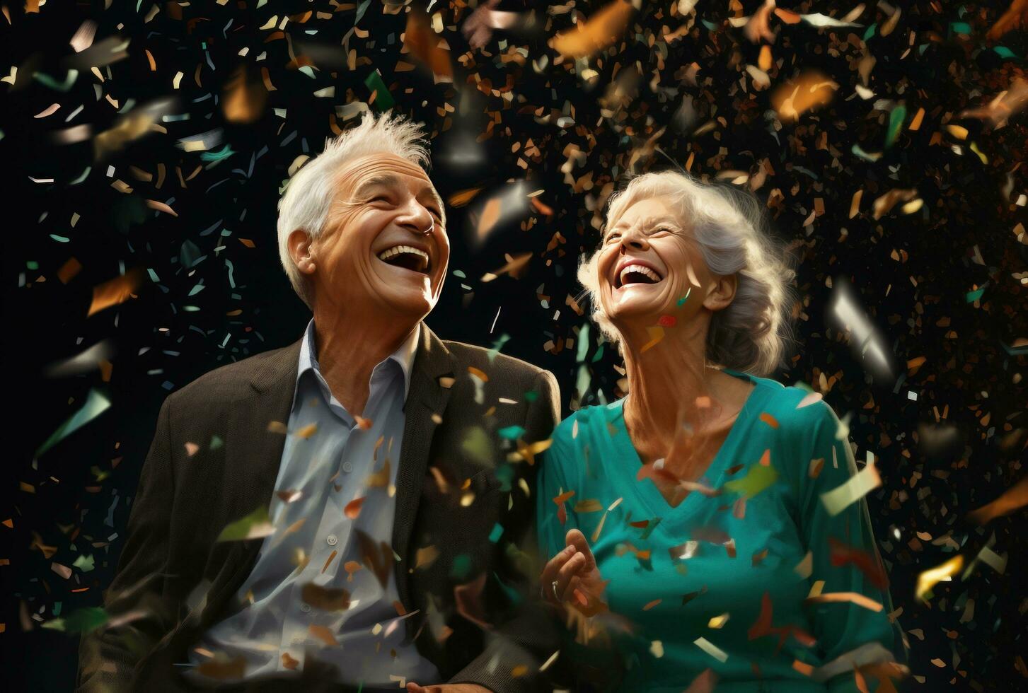 AI generated senior couple laughing as confetti falls and fireworks are shown photo