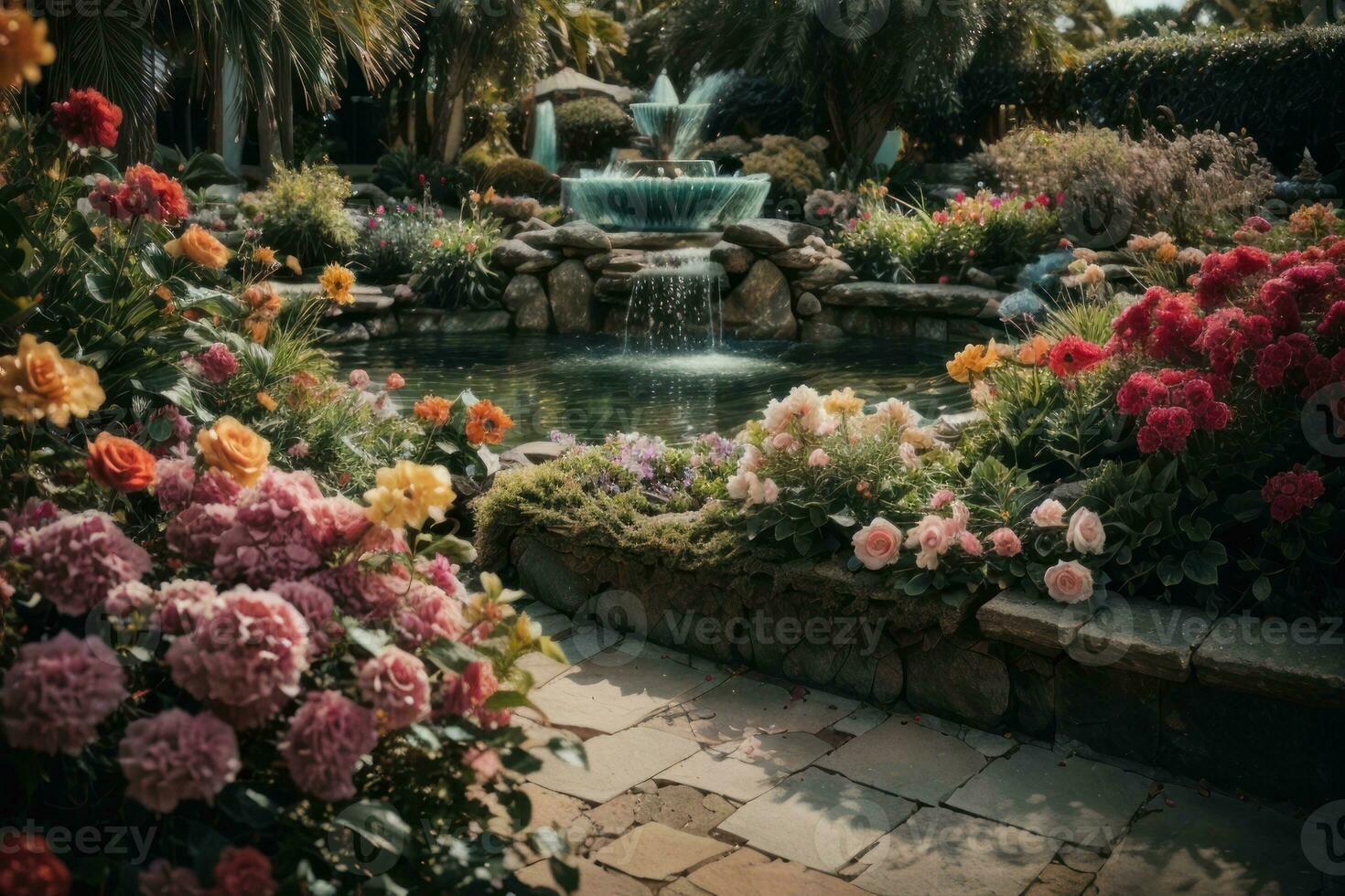 ai generado tranquilo jardín escena con un variedad de vistoso flores en floración generativo por ai foto