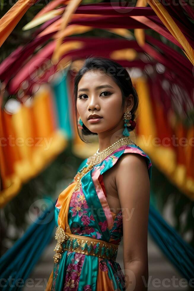 AI generated Young woman in colorful attire at a traditional Asian market with festive decorations Generative by AI photo