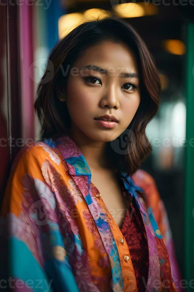 AI generated Young woman in colorful attire at a traditional Asian market with festive decorations Generative by AI photo