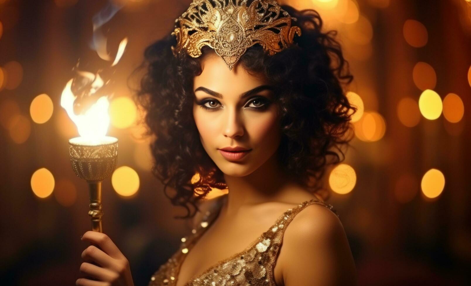 AI generated exotic girl in mask holding a torchlight background, photo