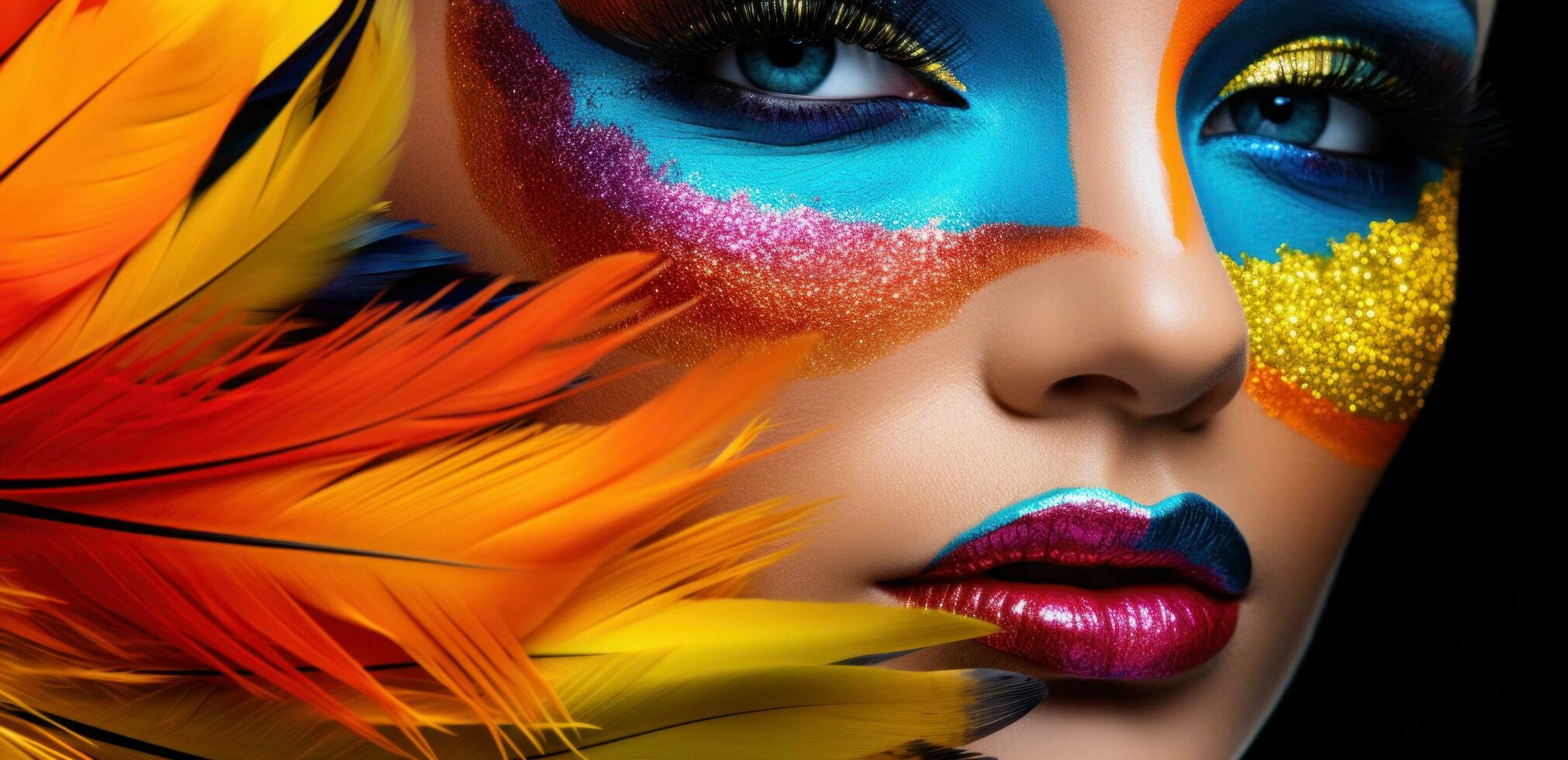 AI generated rainbow feathers the brightest makeup on the runway photo