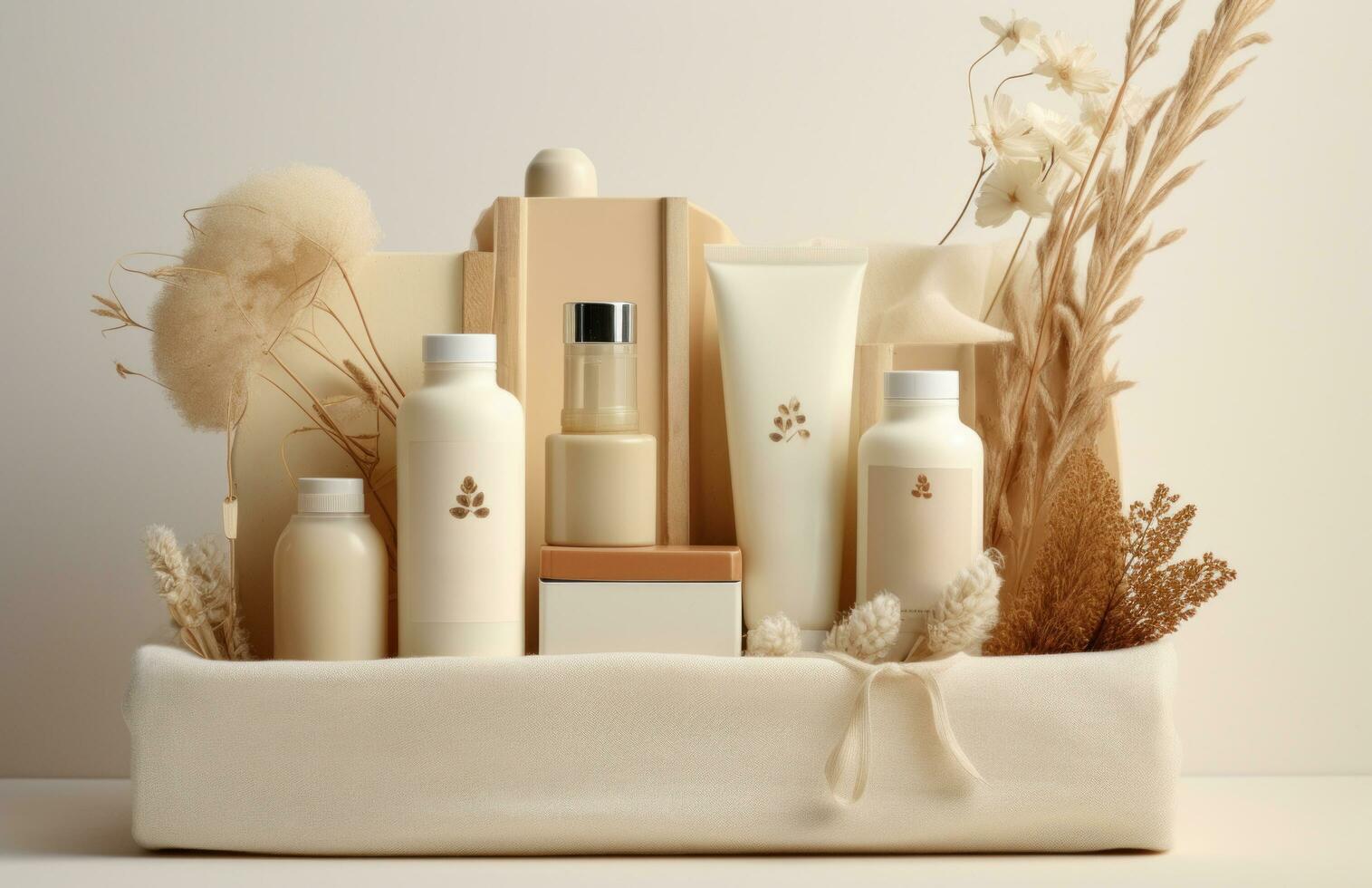 AI generated skin care products like toiletries, oils, and perfumes in a basket photo