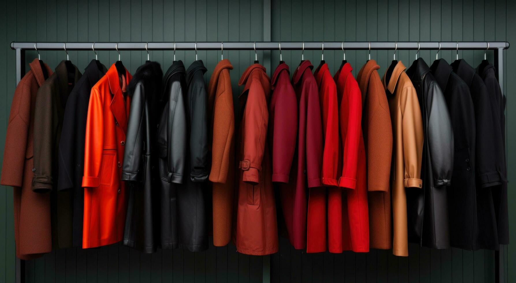 AI generated large selection of coats are hung on a rail outside photo