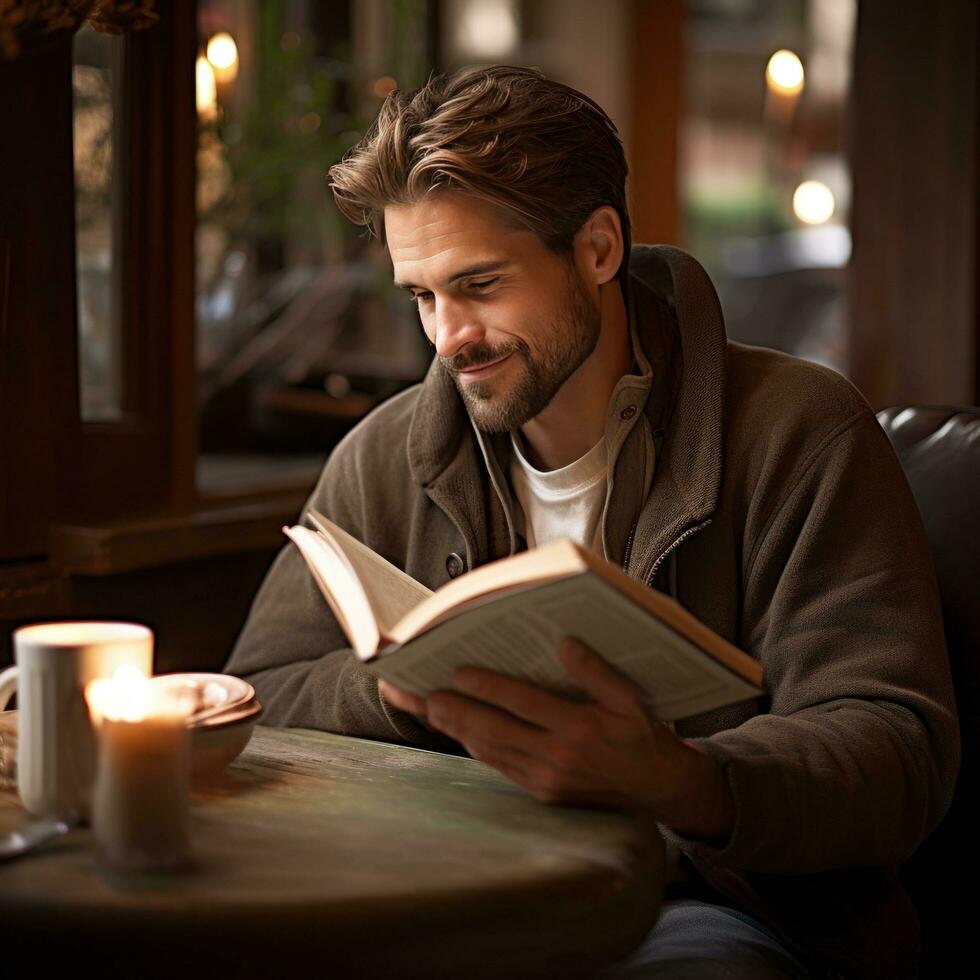 AI generated A man sipping coffee at a cozy cafe table, engrossed in a book with a peaceful expression photo