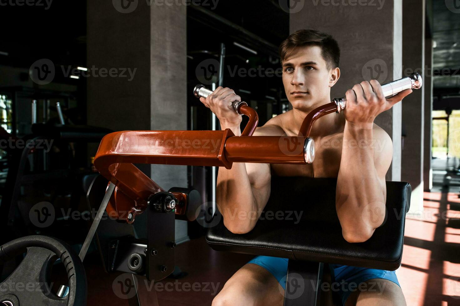 Tense muscles of hands under load. Man doing exercise for biceps in the gym. photo