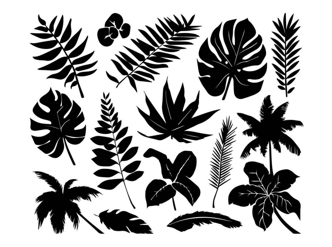 Set of black silhouettes of leaves and flowers. Vector illustration.