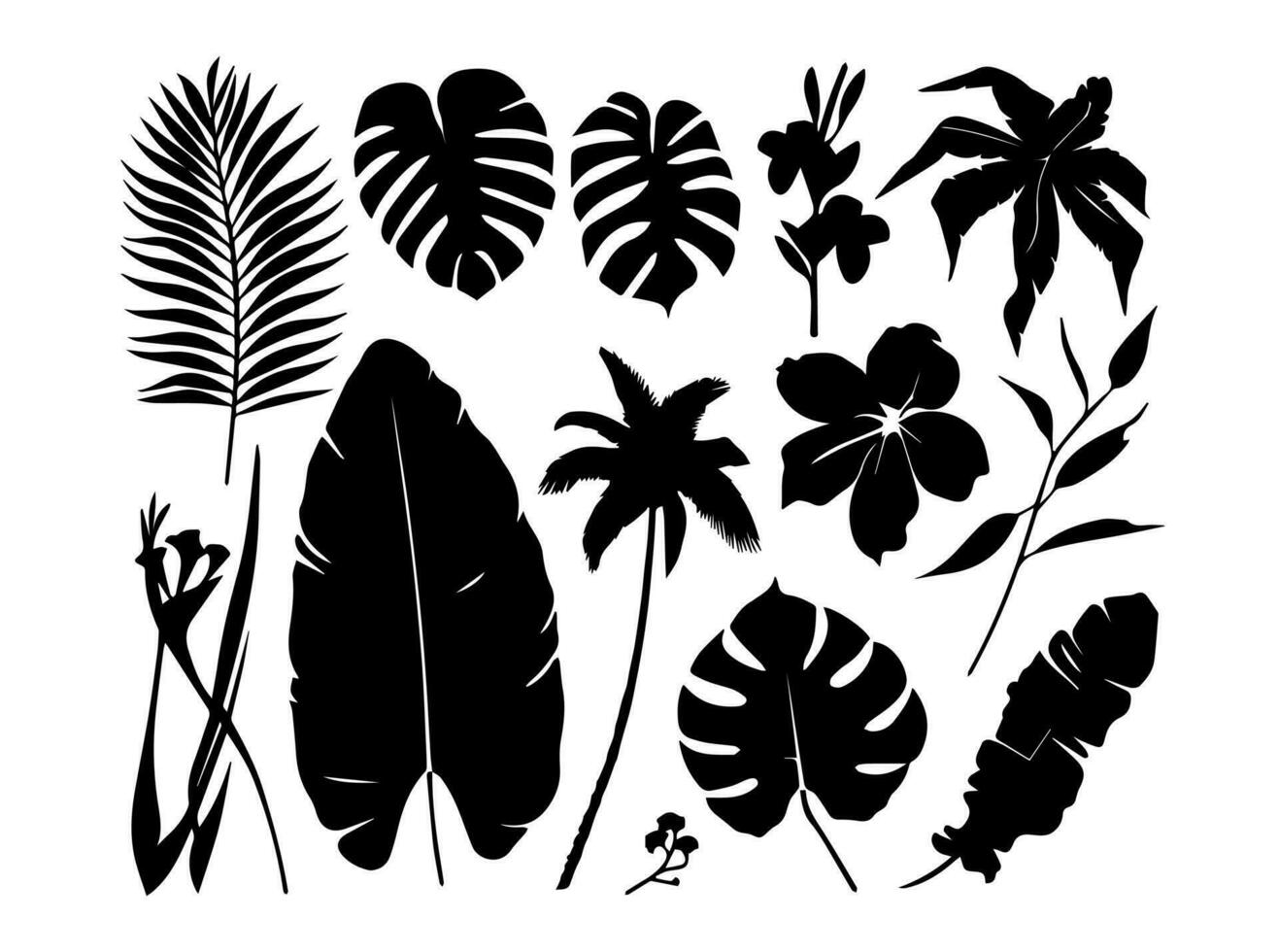 Set of black silhouettes of leaves and flowers. Vector illustration.