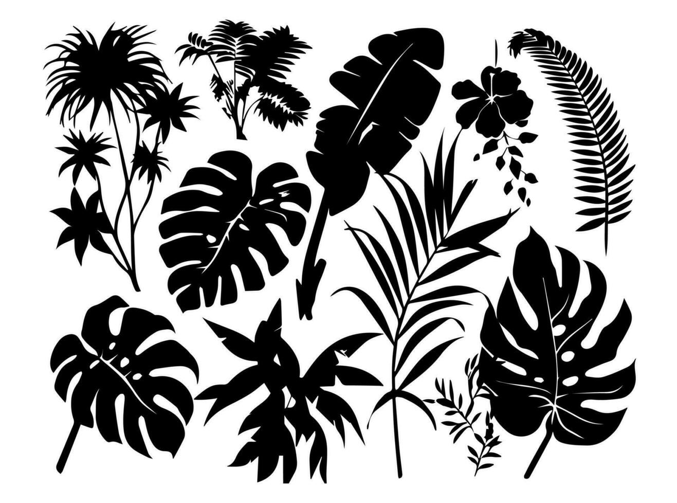 Set of black silhouettes of leaves and flowers. Vector illustration.