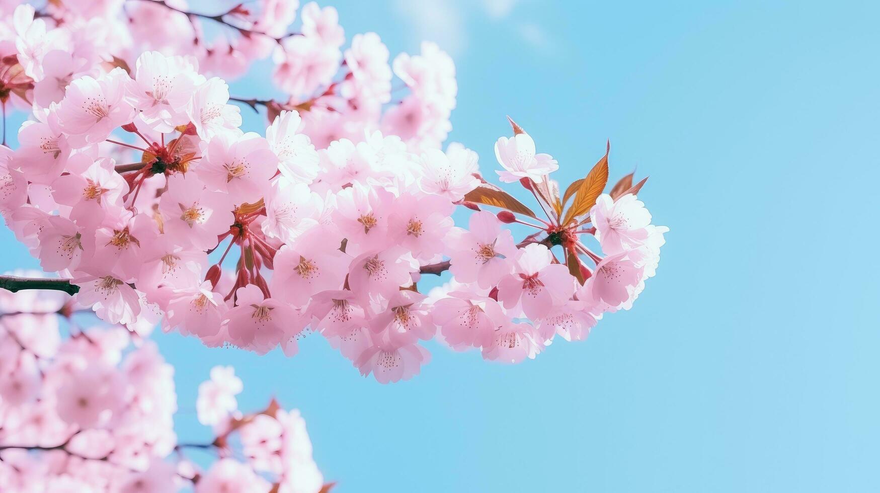 AI generated A close-up of a beautiful blossoming cherry tree, with delicate pink petals against a blue sky photo