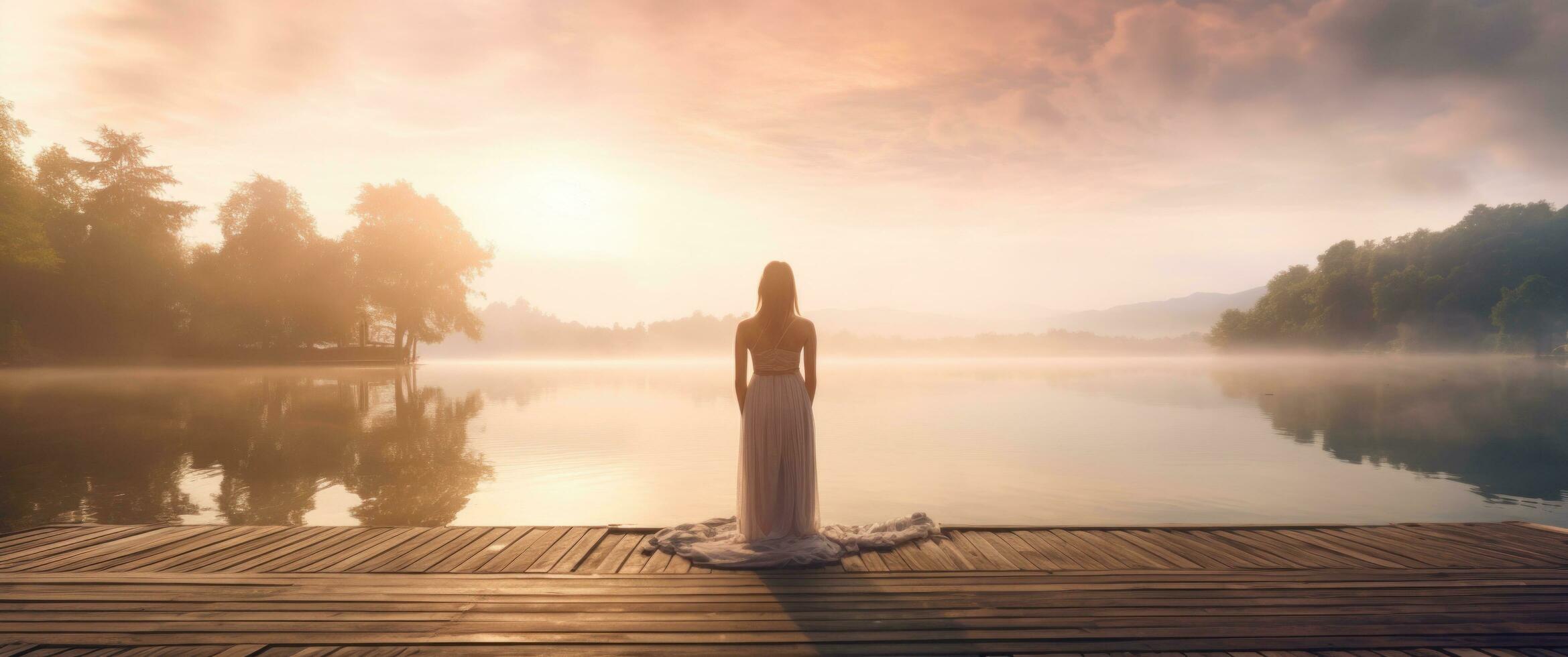 AI generated woman on a wooden pier near a lake photo