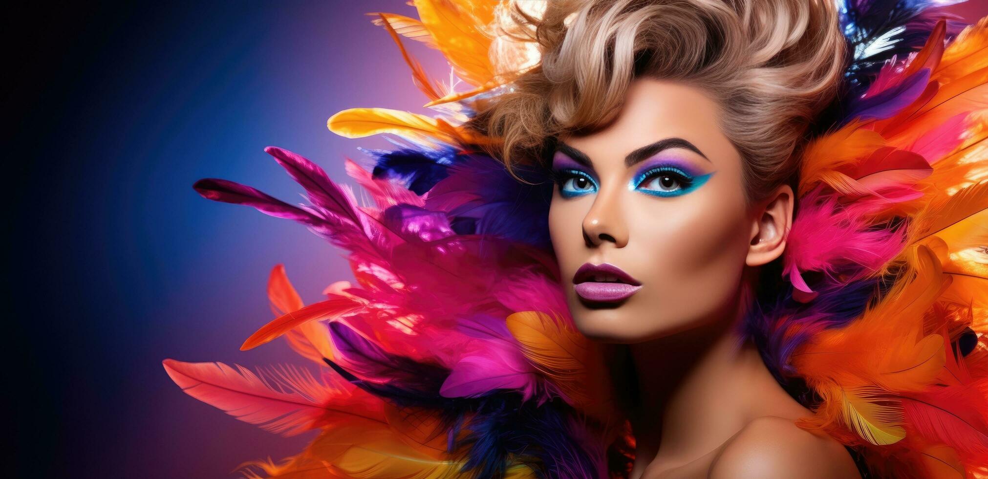 AI generated a lady with multicolored feather makeup posing with colorful photo