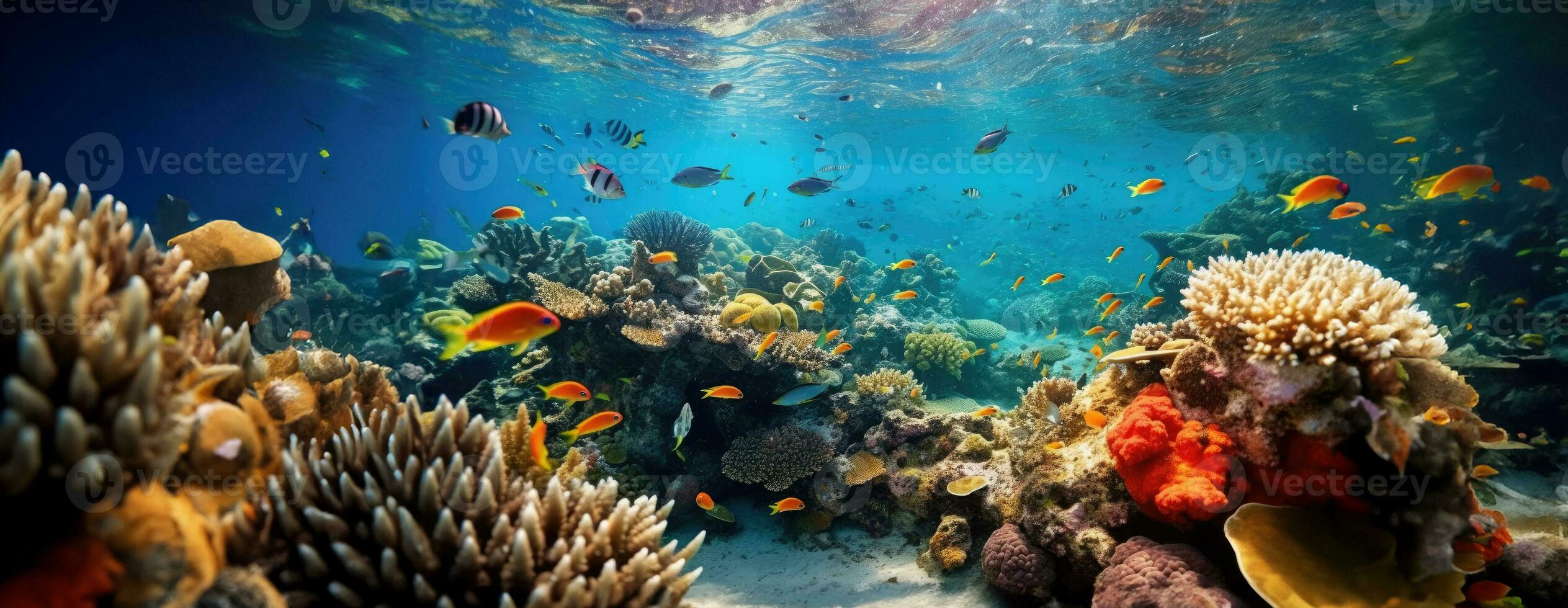 AI Generated Tropical sea underwater fishes on coral reef. Aquarium oceanarium wildlife colorful marine panorama landscape nature snorkel diving. AI Generative. photo