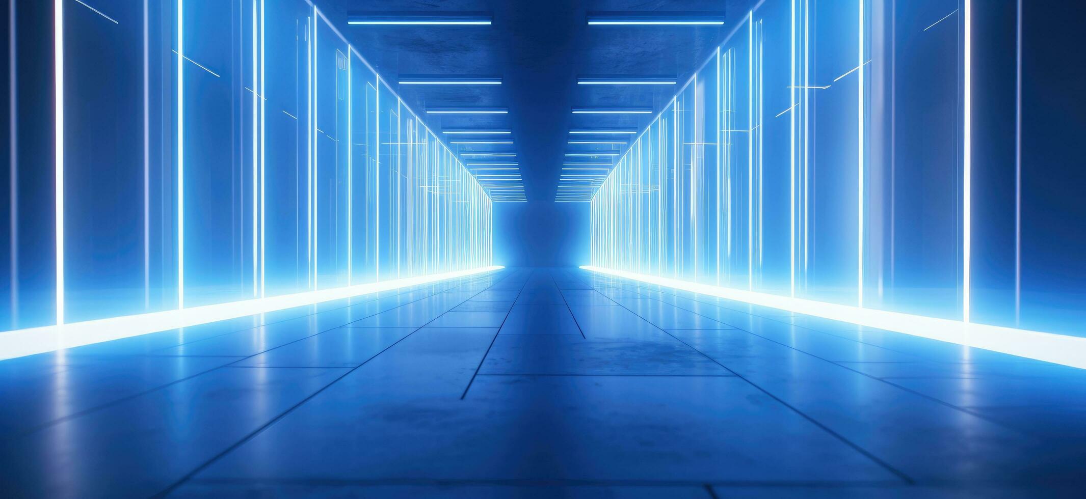 AI generated a hallway hallway with bright lights and a large blue reflection photo
