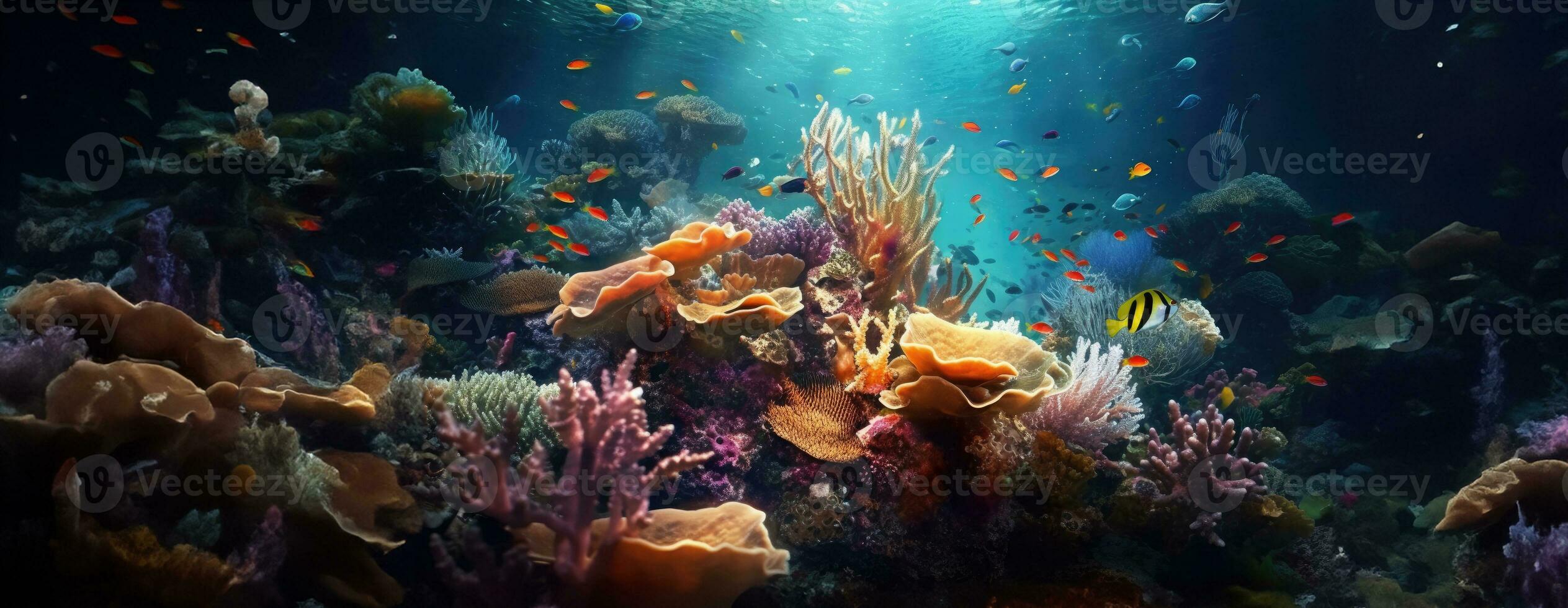 ai generado tropical mar submarino peces en coral arrecife. acuario oceanario fauna silvestre vistoso marina panorama paisaje naturaleza tubo respirador buceo. ai generativo. foto