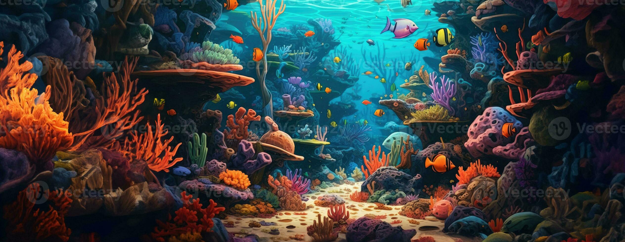 AI Generated Tropical sea underwater fishes on coral reef. Aquarium oceanarium wildlife colorful marine panorama landscape nature snorkel diving. AI Generative. photo