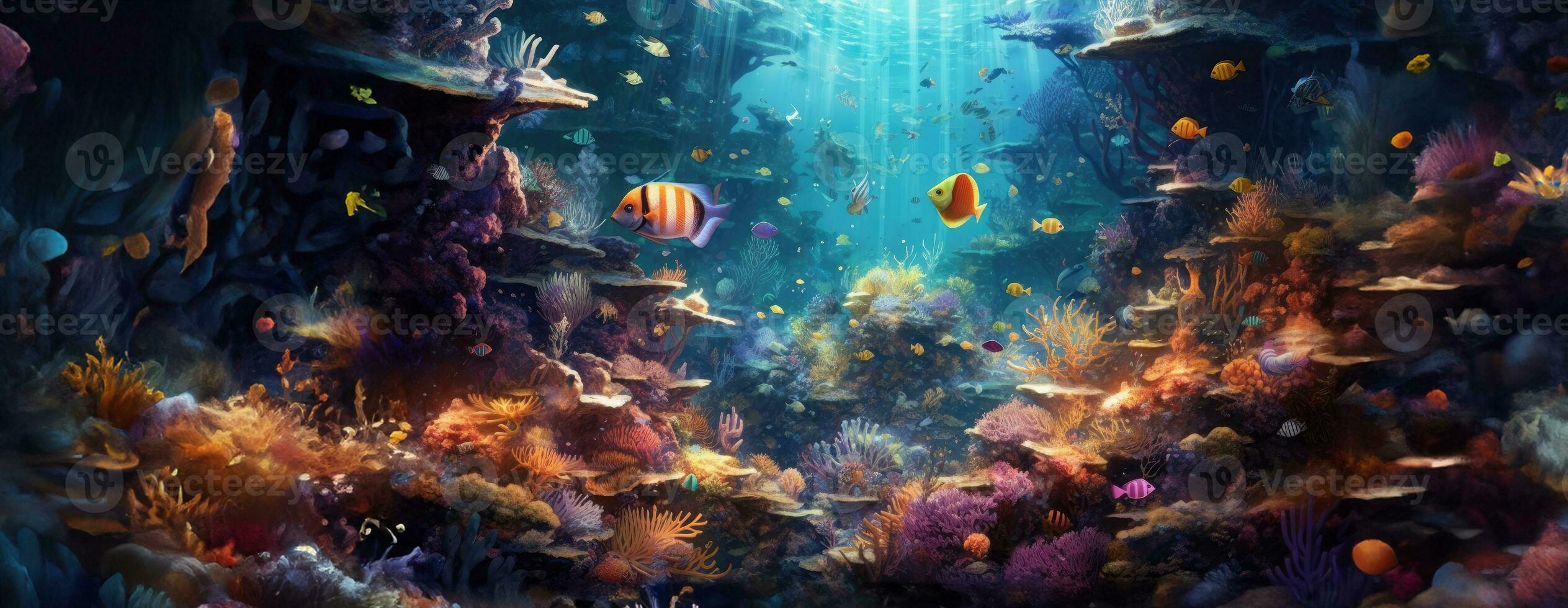 AI Generated Tropical sea underwater fishes on coral reef. Aquarium oceanarium wildlife colorful marine panorama landscape nature snorkel diving. AI Generative. photo