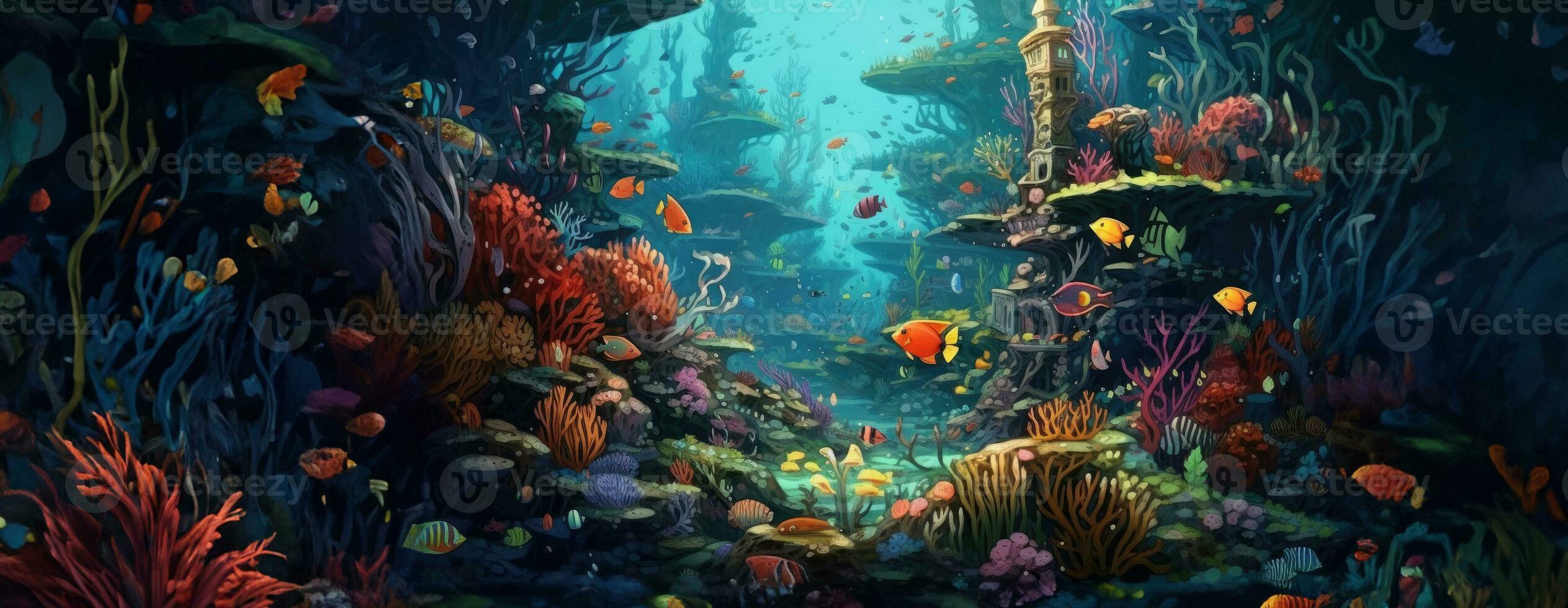 AI Generated Tropical sea underwater fishes on coral reef. Aquarium oceanarium wildlife colorful marine panorama landscape nature snorkel diving. AI Generative. photo